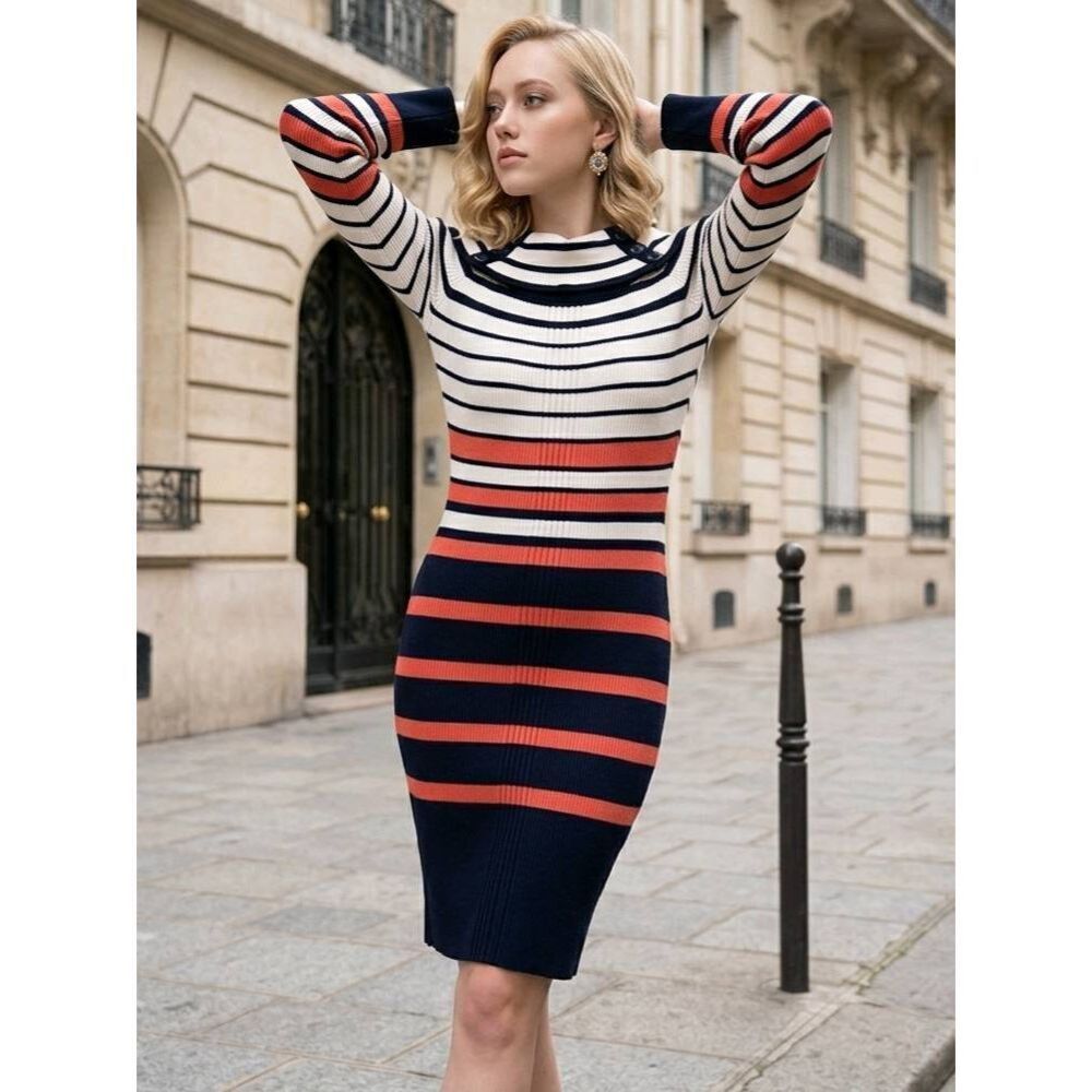 ☔️🔺️Pink Rose Orange & Blue Striped Long Sleeve Sweater Dress Small